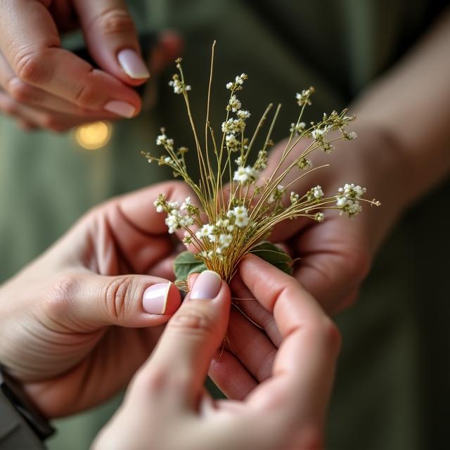 Mani sapienti che intrecciano una coroncina di fiori