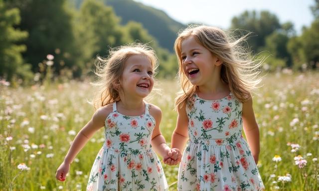 Bambine che corrono in un prato con vestiti leggeri primaverili