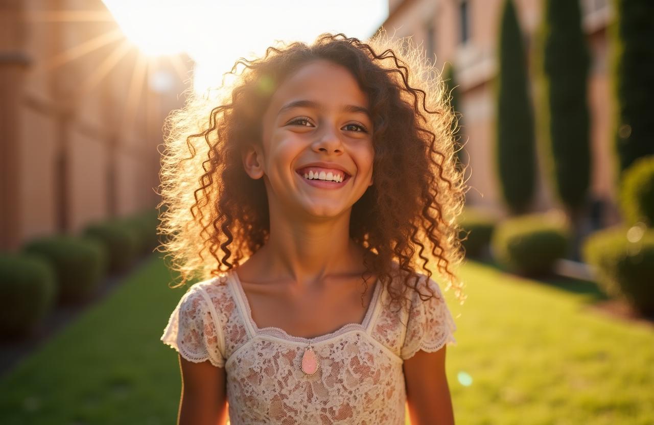Bambina in abito floreale in un giardino romano